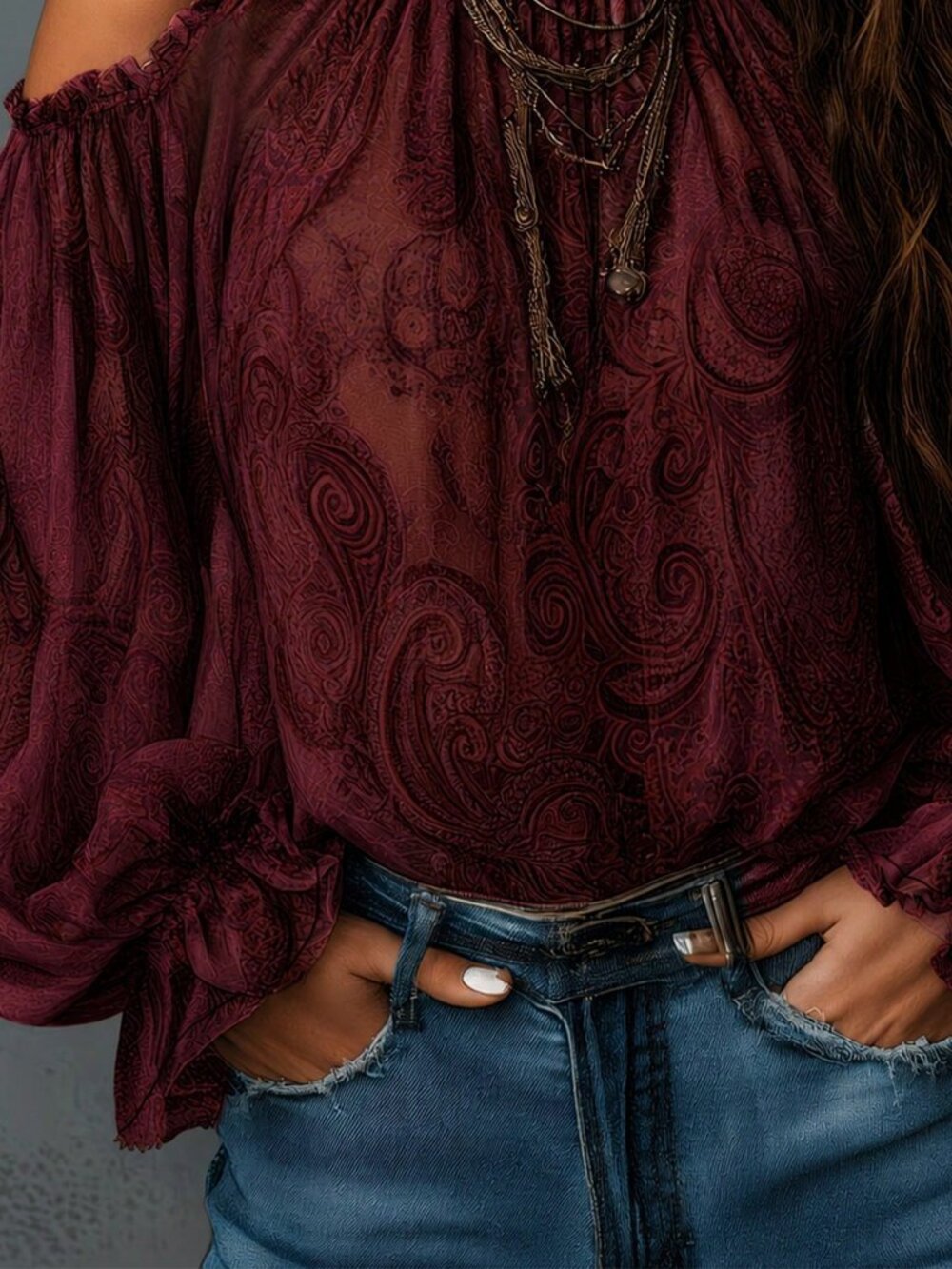 Burgundy Elegant Women's cold shoulder blouse - Picture 4 of 5